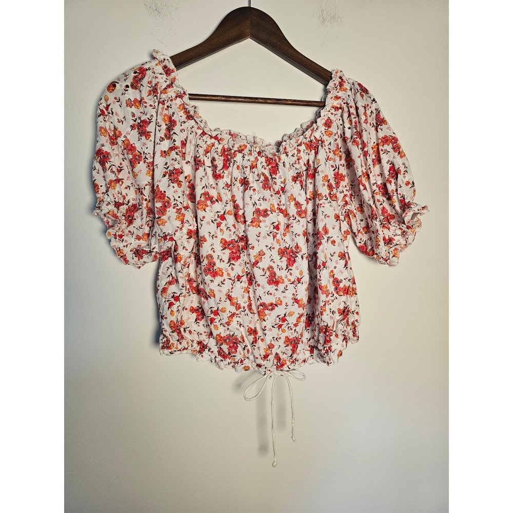 [Cottagecore] Calligraphie Floral Eyelet Top Womens Large  Orange Puff Sleeve